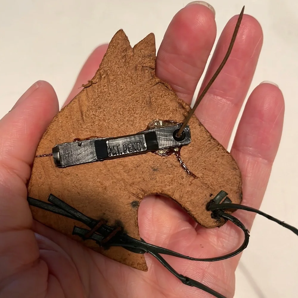 Vintage handmade brown leather horse brooch